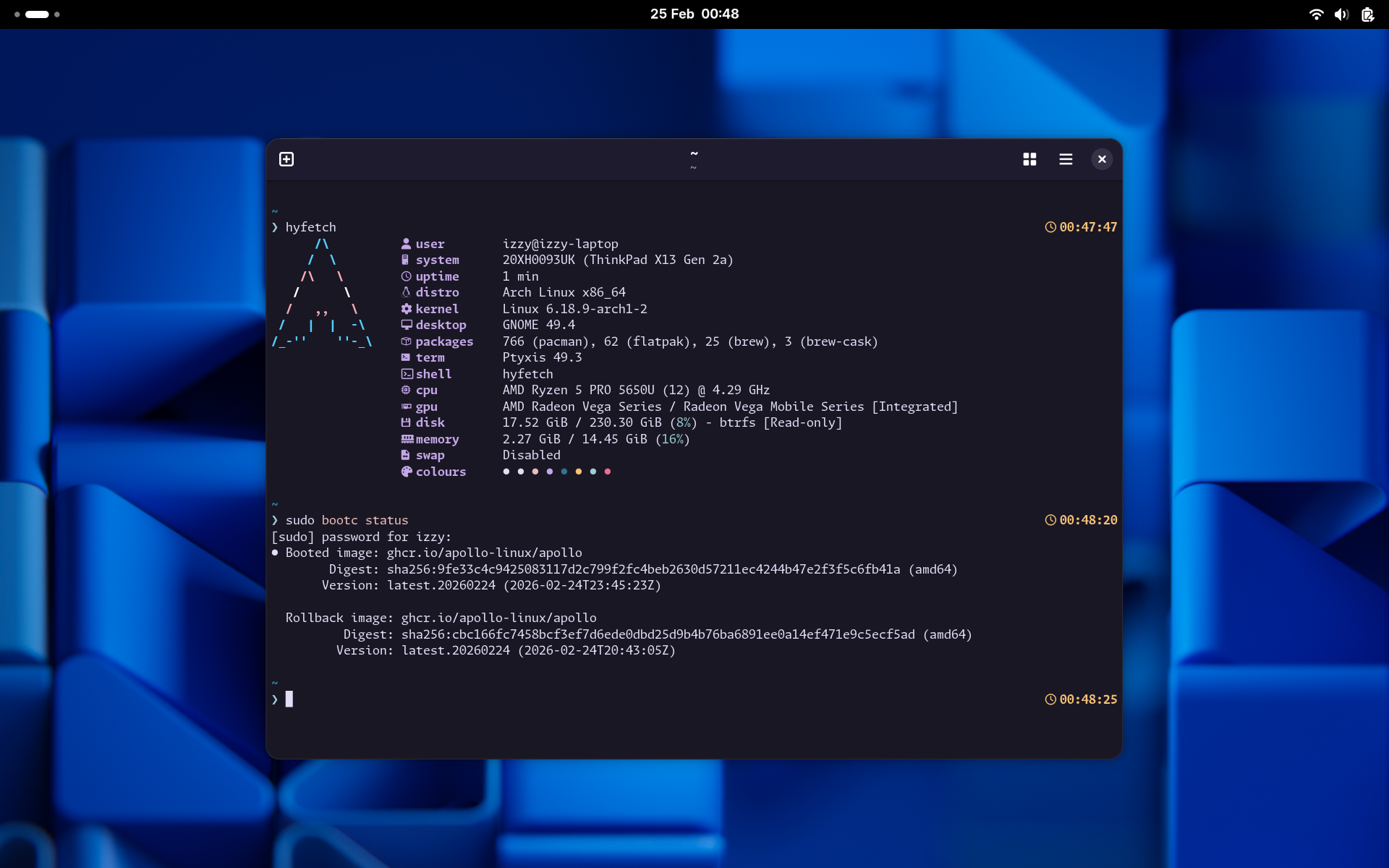 A screenshot of an Apollo system with the terminal open running hyfetch and bootc status