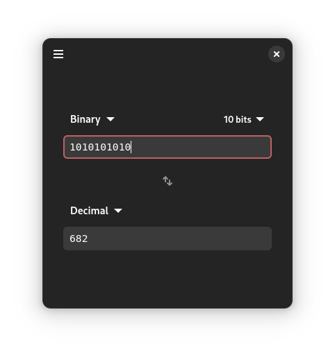 A screenshot of the Binary app converting 1010101010 in Binary to 682 in Decimal.