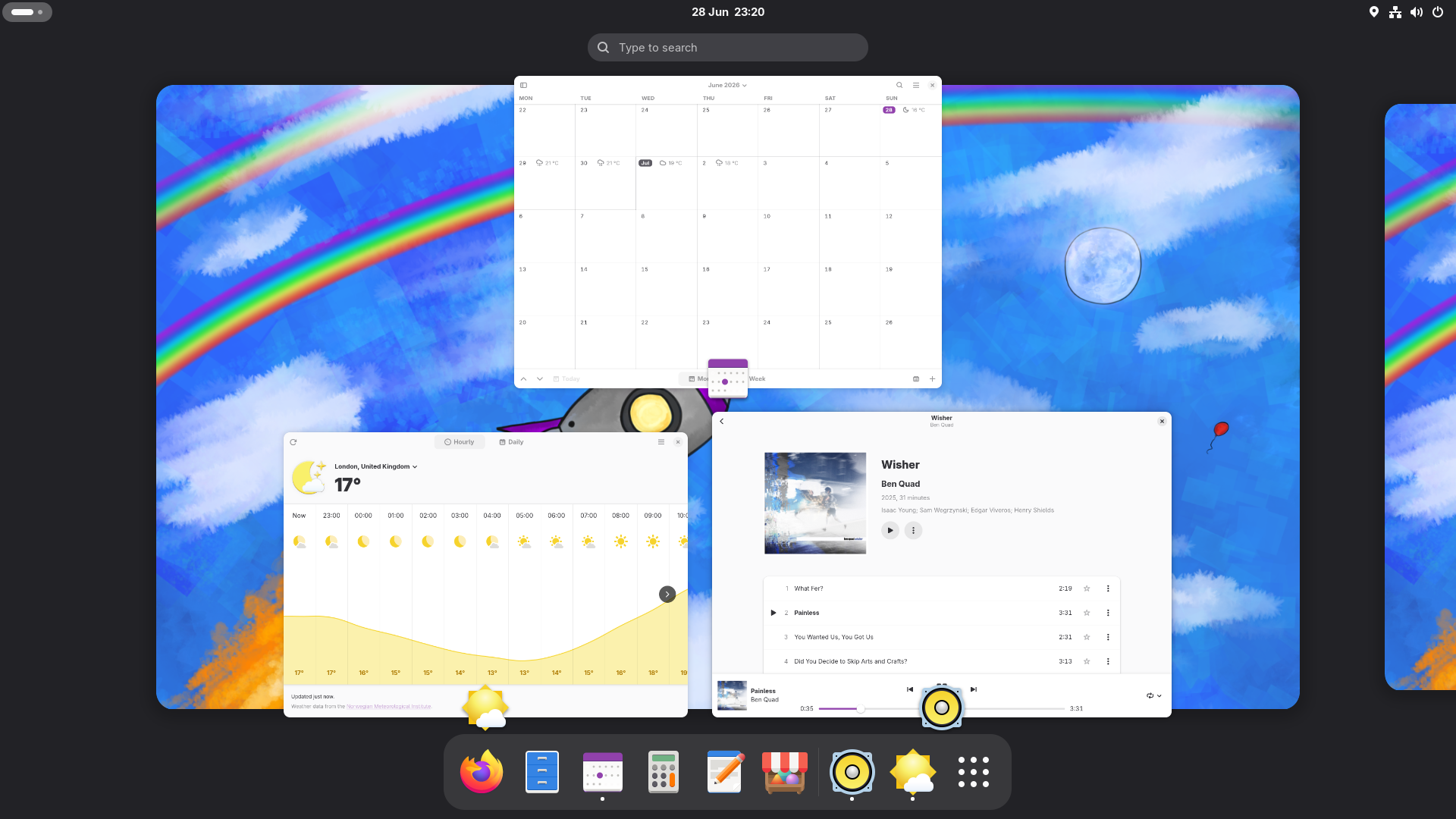 An Apollo desktop with the Calendar, Weather and Music apps open