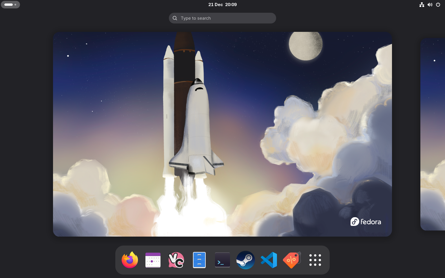 A screenshot of a fizzyblue system with the GNOME overview open